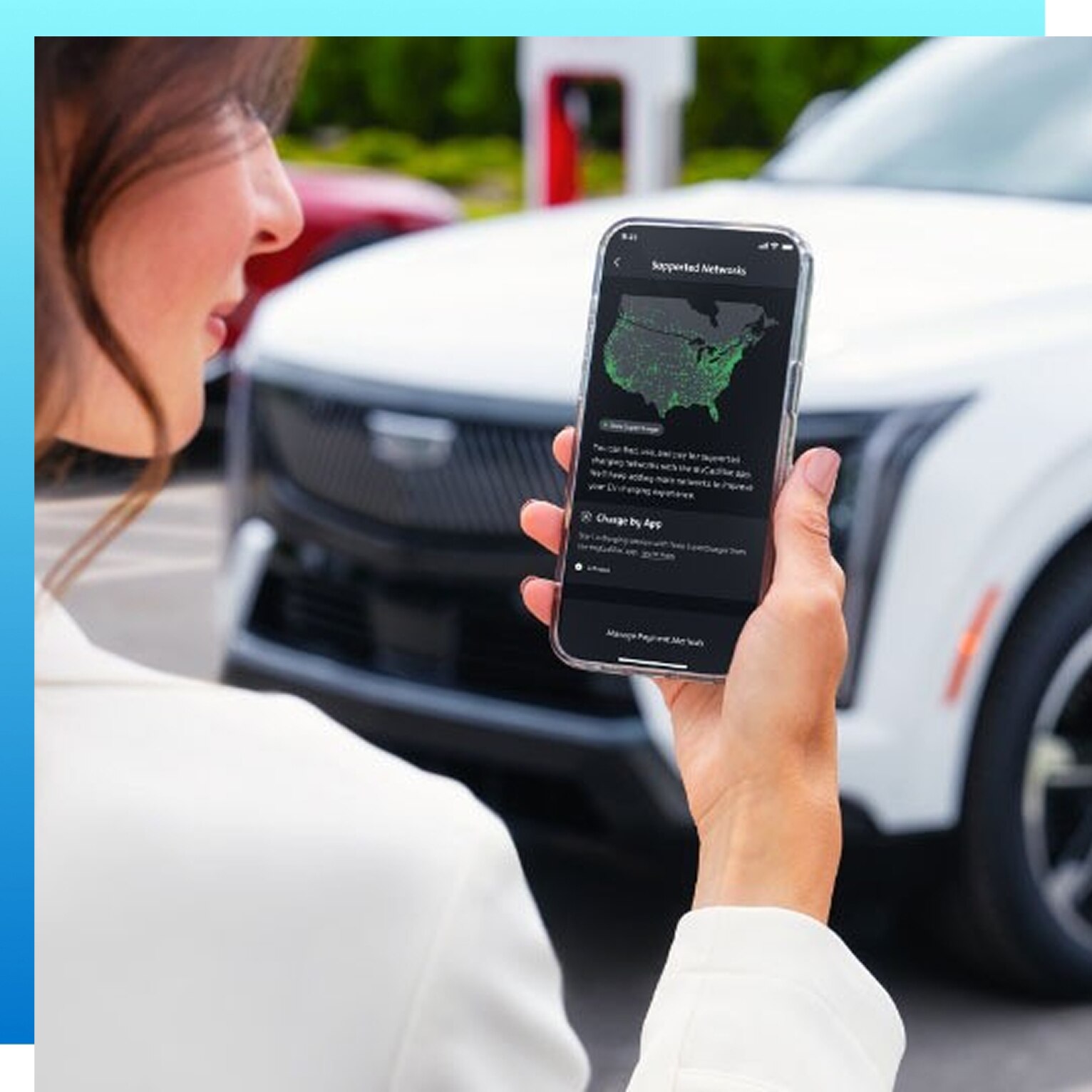 Woman using vehicle mobile app
