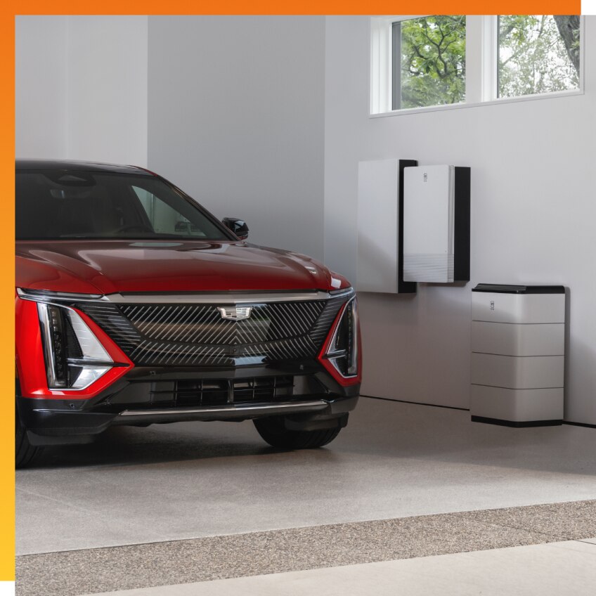 Red EV in garage with the GM Energy Storage Bundle