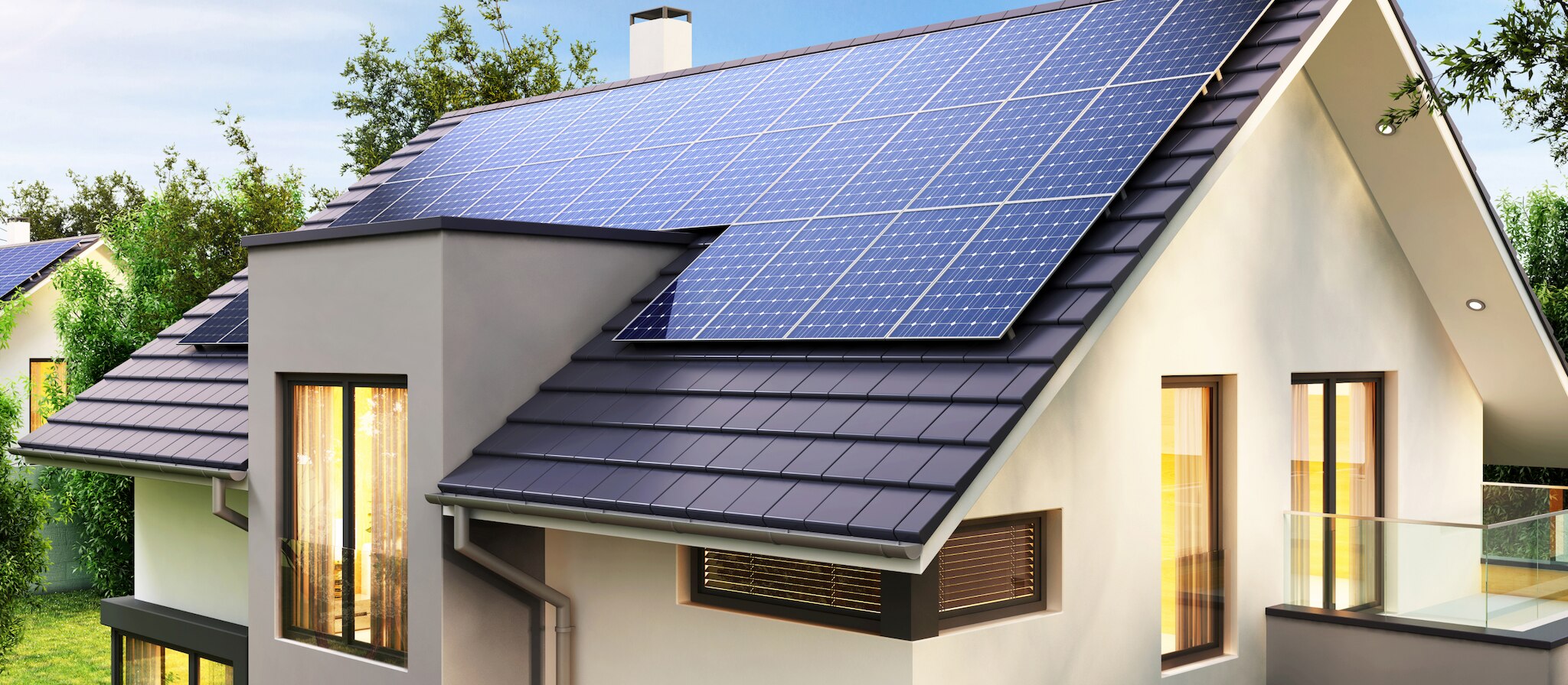 Residential building with solar panels on the roof