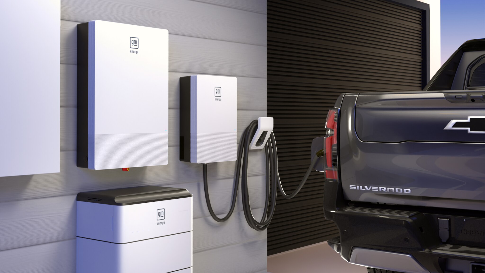 Image of GM Energy Home System with the PowerShift Charger plugged into a Silverado EV RST.